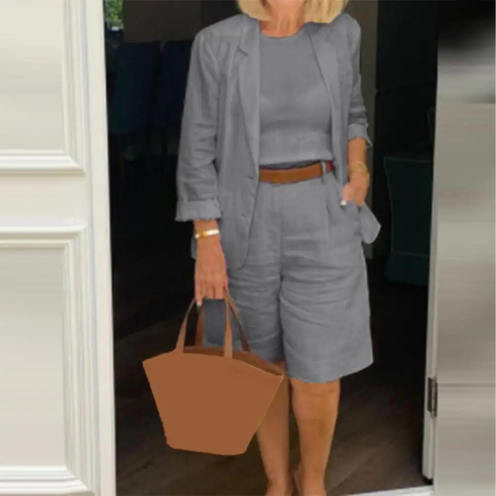 1 set of sports jacket shorts set half shorts solid color single chest womens summer loose fit button set 241112