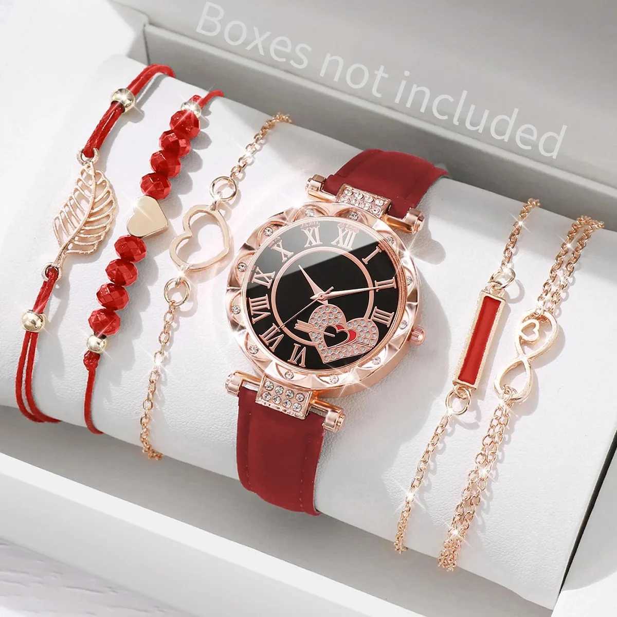 6PCS / Set Watan Watch Fashion Roma Heart Dial Band en cuir Quartz Montres Bracelets à feuilles (sans boîte) XJ241109
