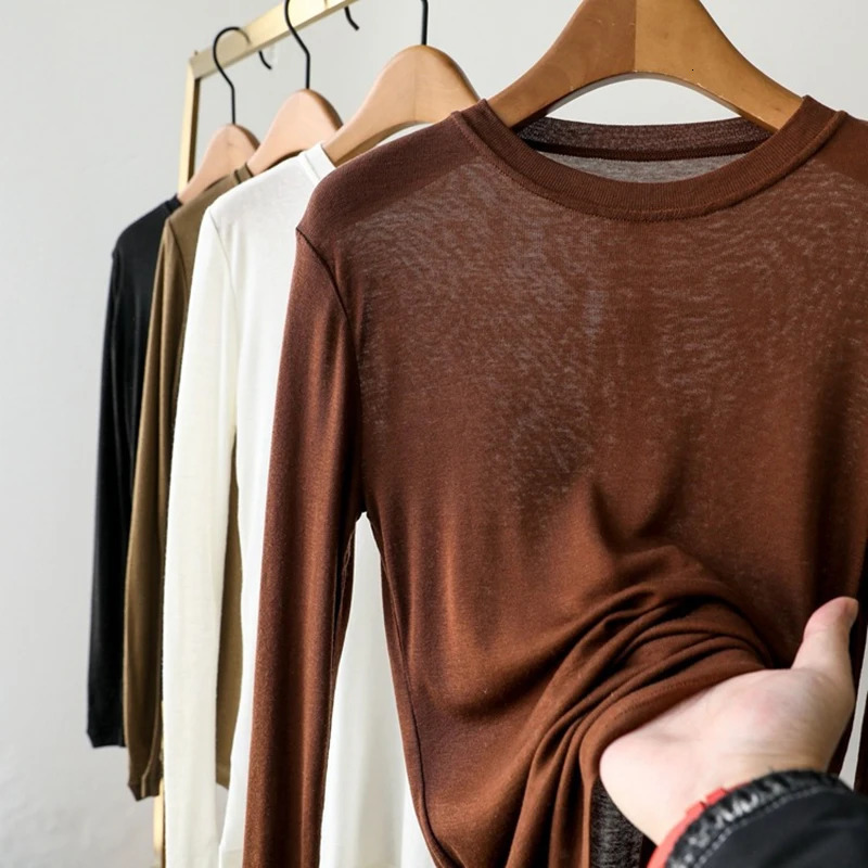 Thin O-neck solid wool long sleeved womens casual basic top for spring/summer 241112