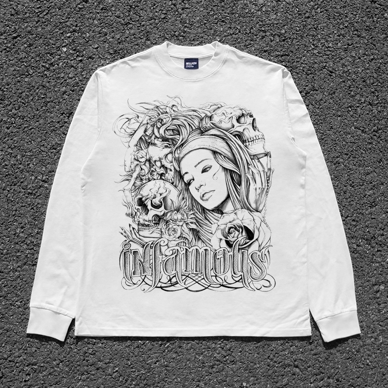 100 cotton T-shirt Y2K retro Chicano oversized graphic printed clothing hip-hop skateboard long sleeved T-shirt mens 241112
