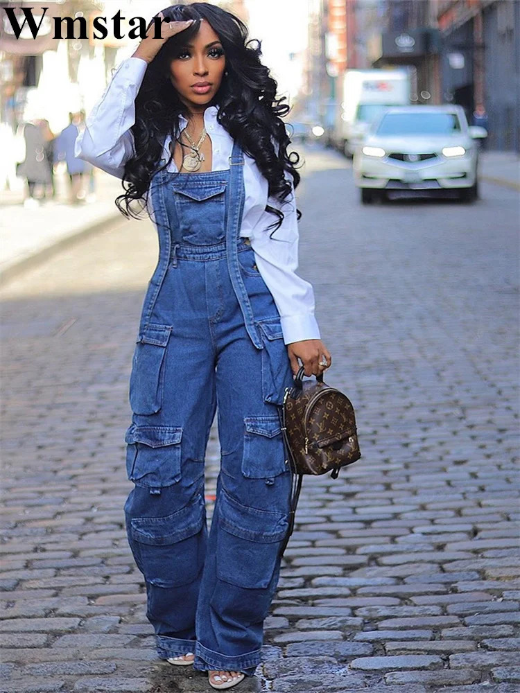 Wmstar womens jumpsuit fashion jumpsuit sleeveless denim retro loose jeans top pocket wide leg womens pants 241112
