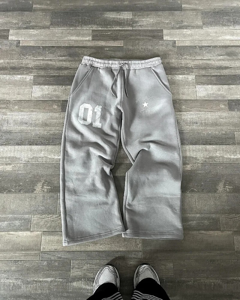 Street retro printed gray pants mens Y2K casual straight pants autumn punk street Harajuku Gothic sweater 241112