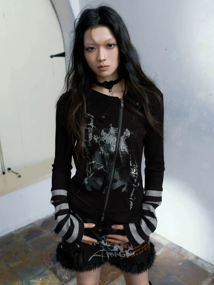 Houzhou Gothic rétro punk sweat à capuche femme rétro grunge y2k Stripe d'épissage travail zipper triptop printemps mode 241112