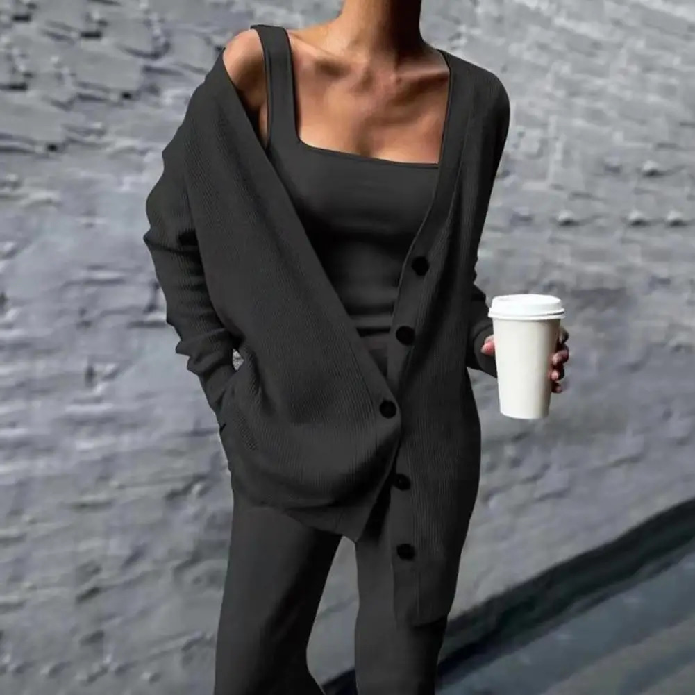 1 Set Autumn Women Outfit Solid Color Long Sleeves Tank Top Cardigan Pants Threepiece Elasticated Waist Lady Knitted Suit 241111