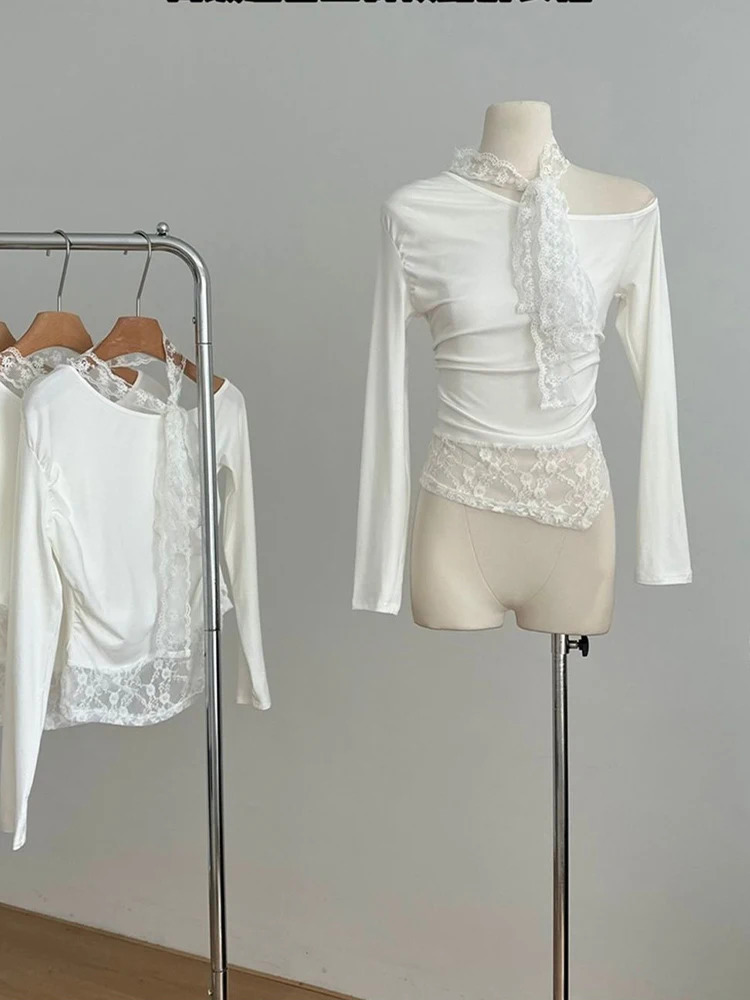 Womens white lace patchwork T-shirt Harajuku Korea Y2k Coquette Tee top retro aesthetic long sleeved T-shirt 2000s clothing 241112