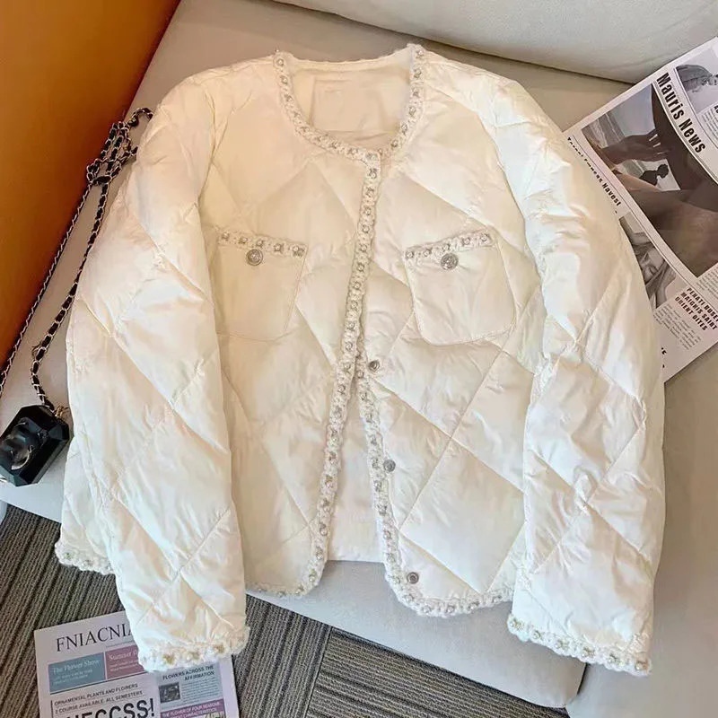 Xpqbb Korean Style Down Cotton Padded Jacket Autumn Winter Lightweight Warm Parkas Woman Fashion Pearl White Parka Coat 241108
