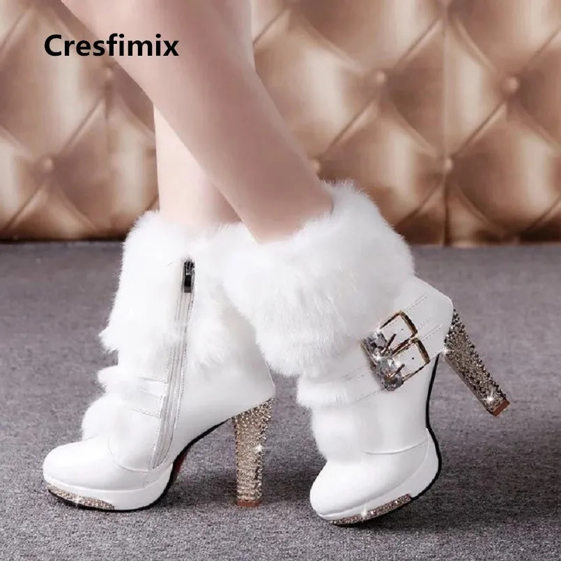 Cresfimix women cute sweet high quality white pu leather high heel boots lady casual autumn winter warm boots cool shoes a2849 241112