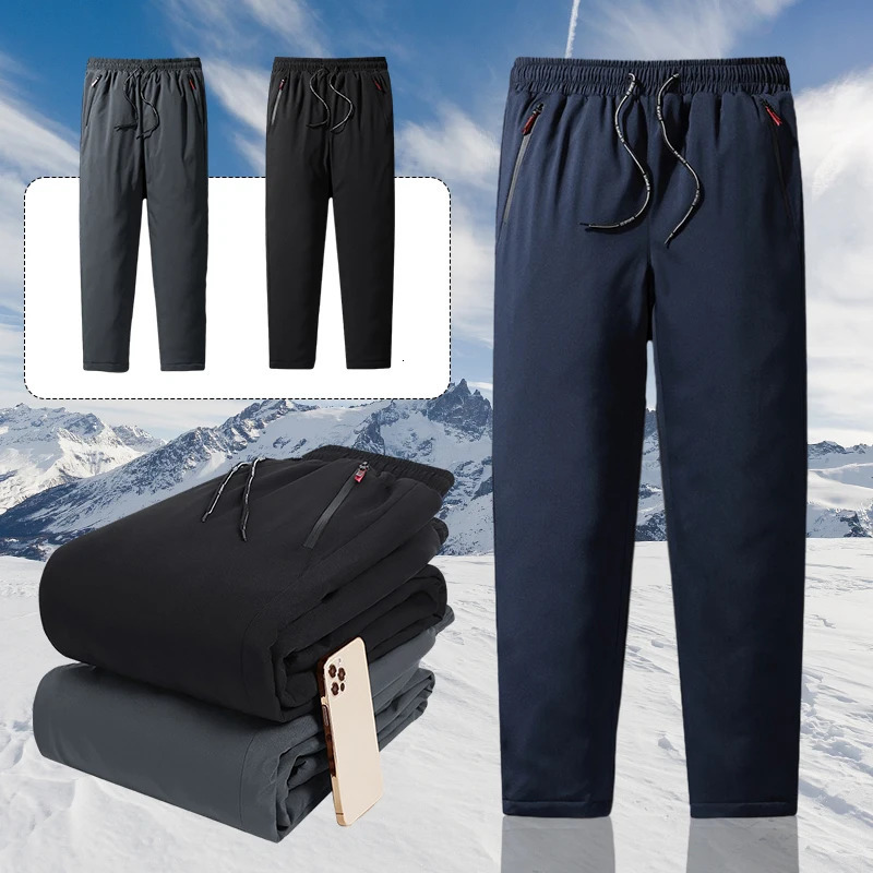 Mens winter warm pants thick waterproof cotton lining casual sports pants jogging pants cotton padded solid lace pants 241111