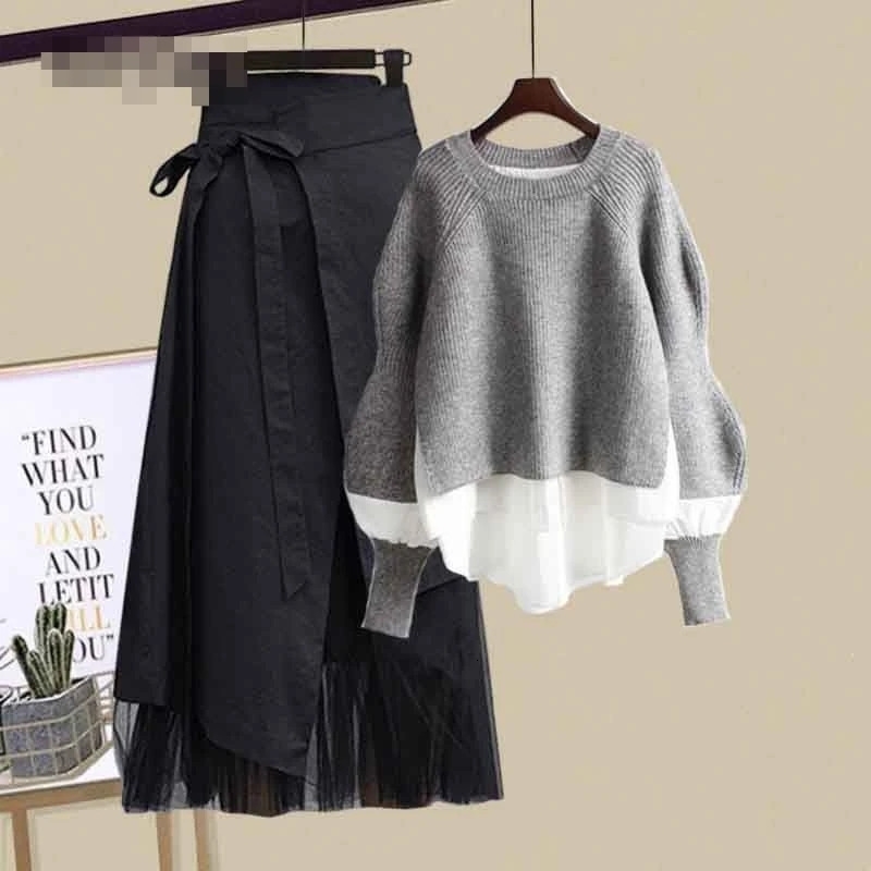 Womens Winter Patch Long Sleeve Knitted TopAsymmetric Skirt 2-piece Set Womens Party Elegant 2-piece Set N429 241112