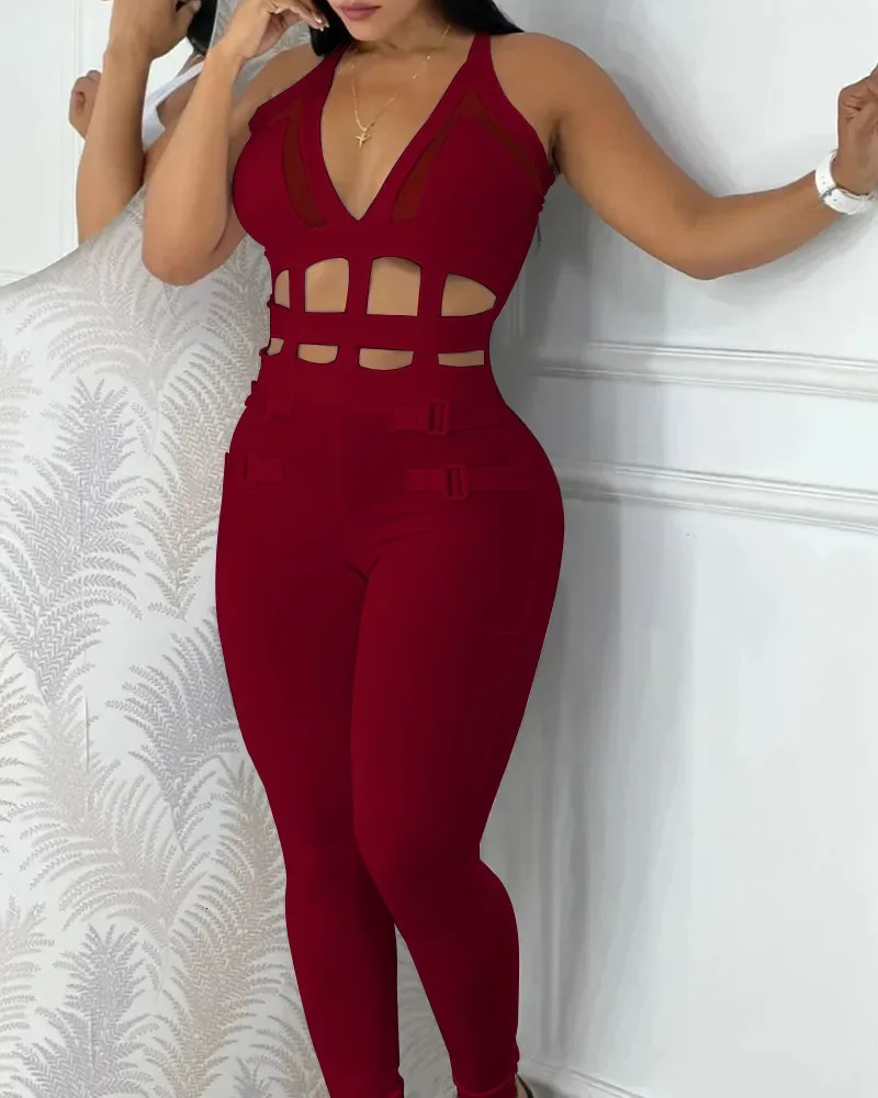 Womens spring and summer jumpsuit sleeveless ly printed white waist hollow shoulder strap shoulder strap tight fitting jumpsuit 241112