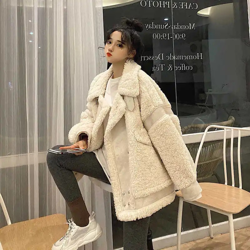 Womens autumn and winter faux fur coat womens loose and casual warm soft faux fur leather jacket plush coat pocket wild teddy coat 241112