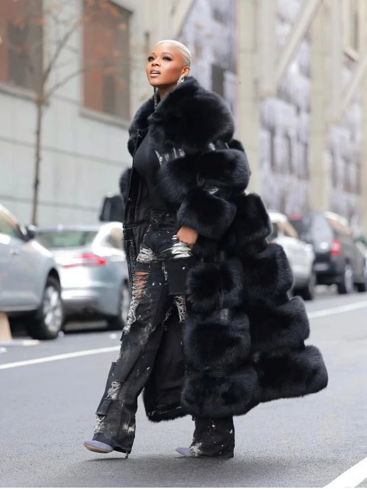 RR2831 reversible long faux fur coat womens standing fur collar long sleeved fox fur winter jacket womens waist zipper 241112