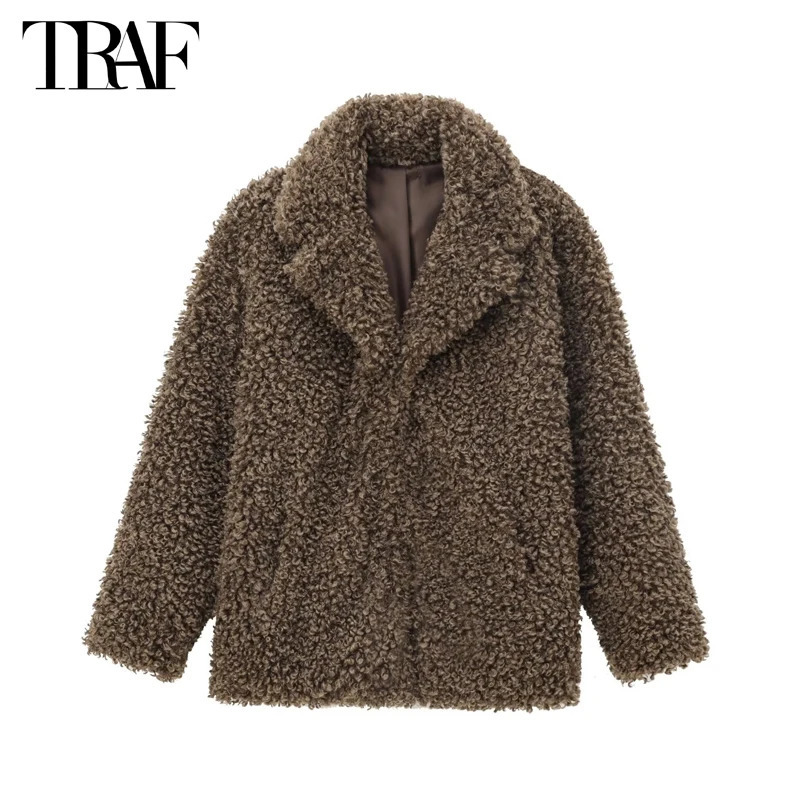 TRAF faux fur teddy coat womens coat warm winter womens coat long sleeved fluffy jacket womens retro fur coat 241112