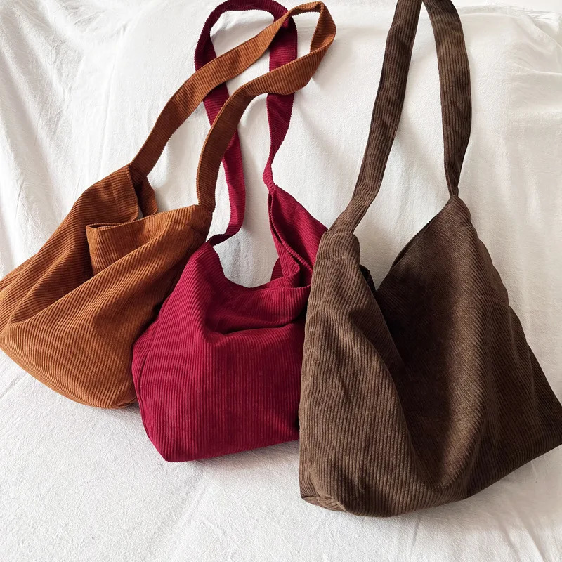 Retro Corduroy Womens Shoulder Bag Simple Large Capacity Womens Casual Handbag Cross Body Bag Solid Color Womens Shopping Handbag 241112