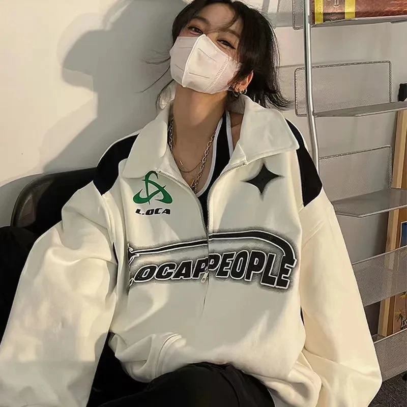 vintage oversized womens sportswear Grunge Y2k Korean streetwear black and white zipper hoodie womens hip-hop fashion top 241112