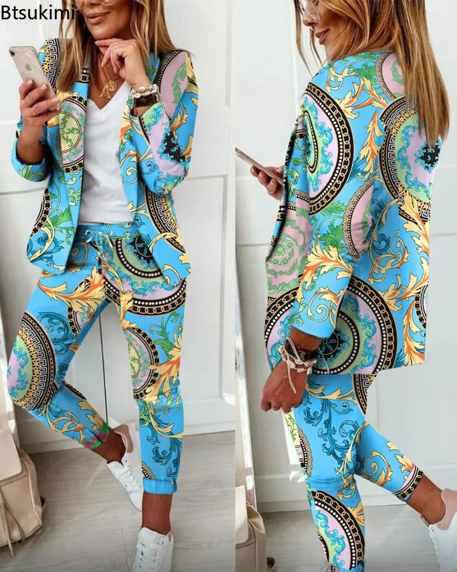 Womens two-piece pants set for spring and autumn collar printed jacket jacket drawstring pants set for womens casual wear 241112