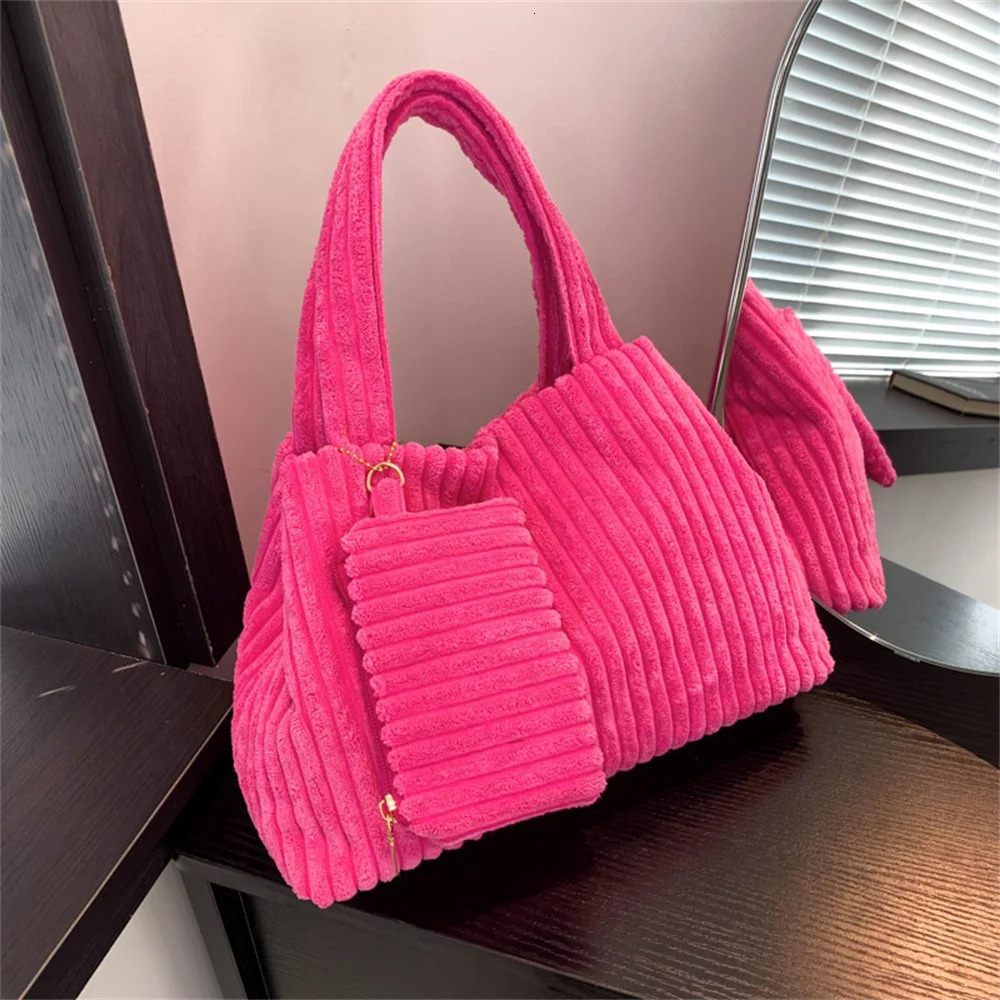 Winter casual striped handbag womens fashionable Corduroy handbag large capacity shoulder bag womens messenger bag 241112