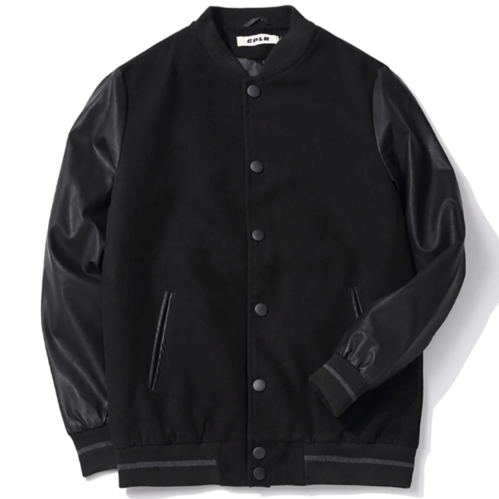Spring Winter School Team Uniform Men Black Leather Sleeves Baseball Varsity Jacket College Letterman Coat Plus Size 5XL 6XL 241113