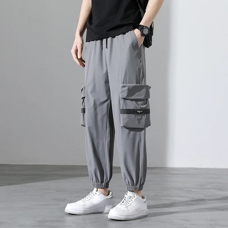 Mens Thin Summer 8XL Plus Size Joggers Ice Silk Cool Pants Casual Sportswear Pockets Cargo Hip Hop Streetwear Man Trousers 240412