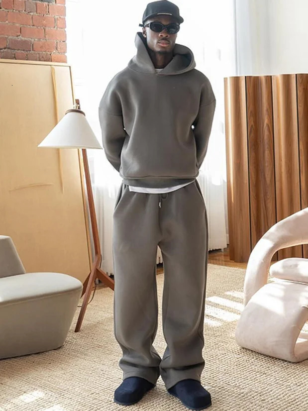 Solid color casual sportswear mens fashion street oversized loose hoodie and drawstring pocket straight pants two-piece set 241112
