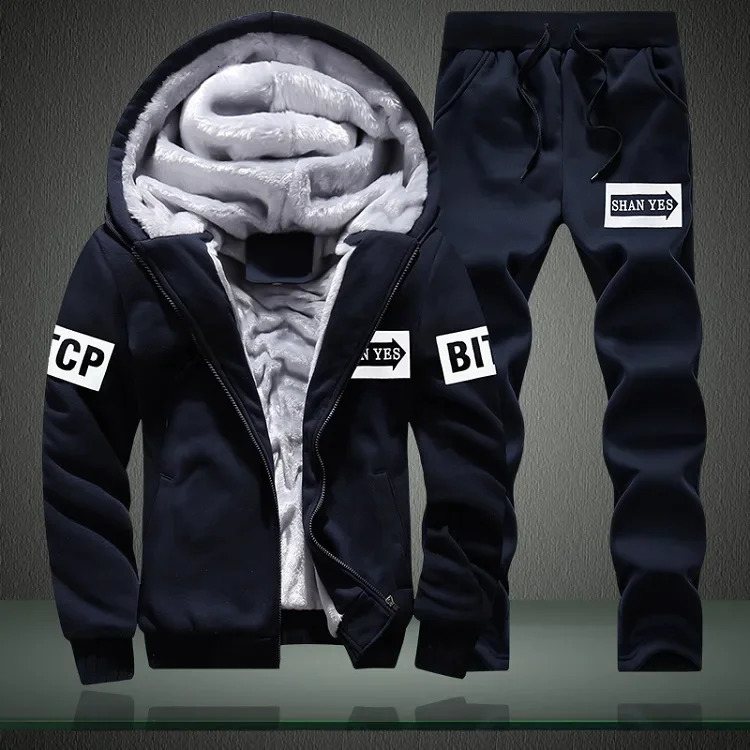 Mens thick winter autumn mens casual printed sportswear loose hooded sweatshirt long pants two-piece mens sportswear set 241112