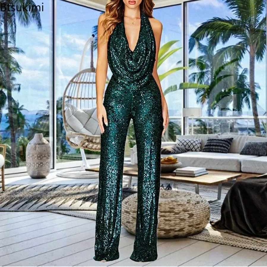 combinaison à paillettes pour les femmes pour le printemps / été sans manches collier collier pailleté à saut à jambe de combinaison pour femmes