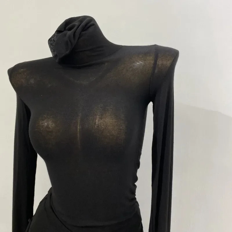 Ultra thin and soft American long sleeved T-shirt high stacked collar tight fitting see through bottom shirt womens slim fit top sexy streetwear