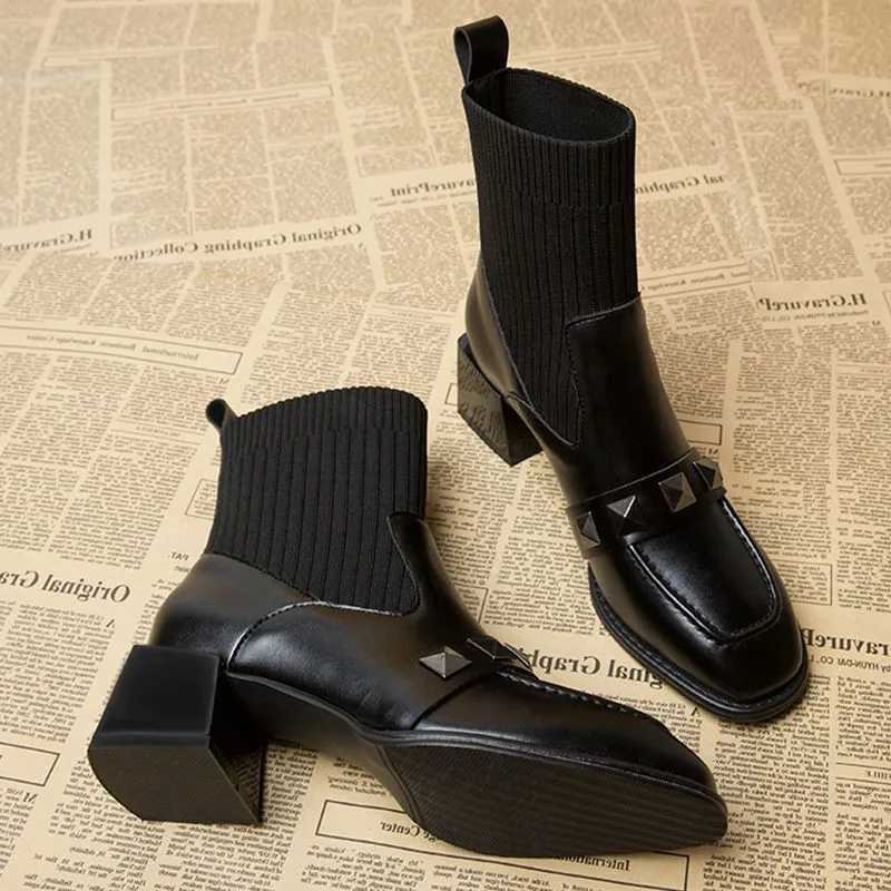 High Quality Wen Elastic Sock Boots Fem Autumn Winter New Square Toe Short Boots Slip-Fi Ankle Boots Botas De Mujer T241113