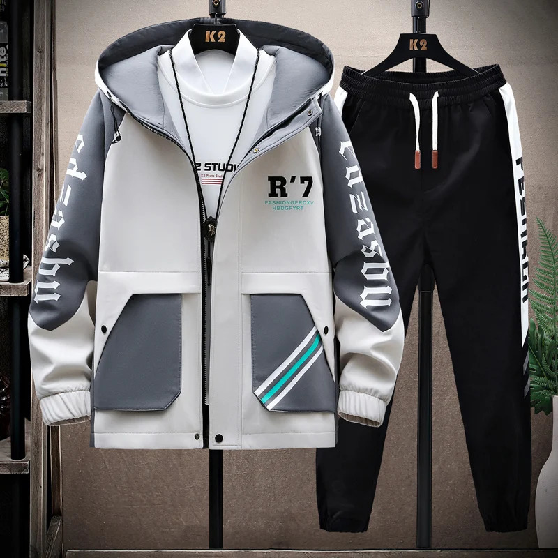 Mens casual hoodie set Spring and Autumn mens jacketpants two-piece set Hip hop streetwear sportswear patch 241112