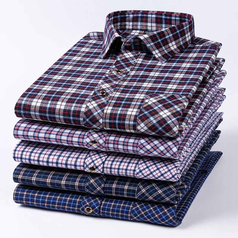 2024 Mens Flannel Shirts Long Sleeve Cotton Soft Regular-fit Brushed Single Pocket Comfortable Casual Fashion Plaid Shirts 241113