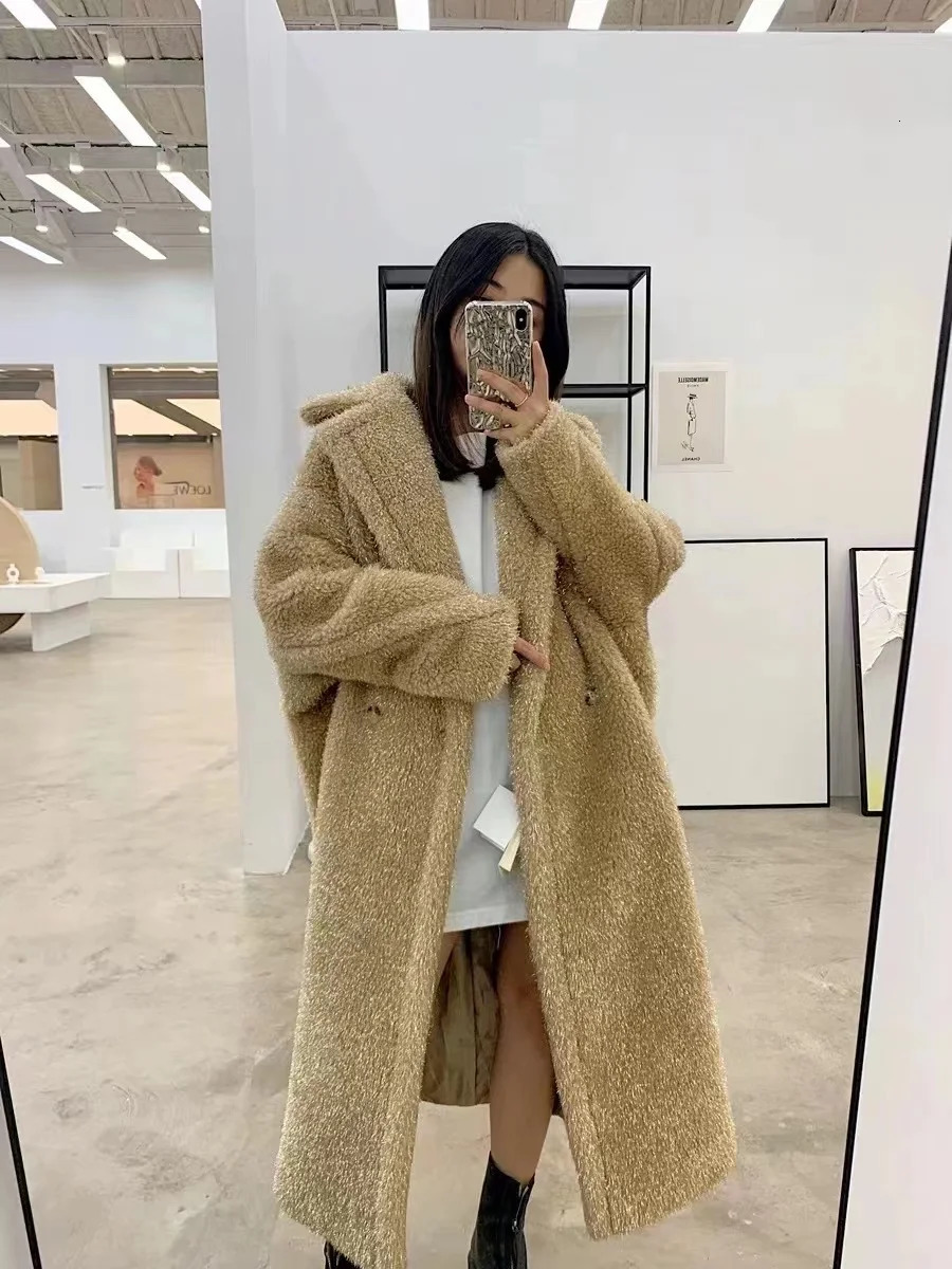 Golden Teddy Bear Coat Womens Winter Alpaca Loose Set Womens Black Loose Edition Warm Long Grey Coat 241112
