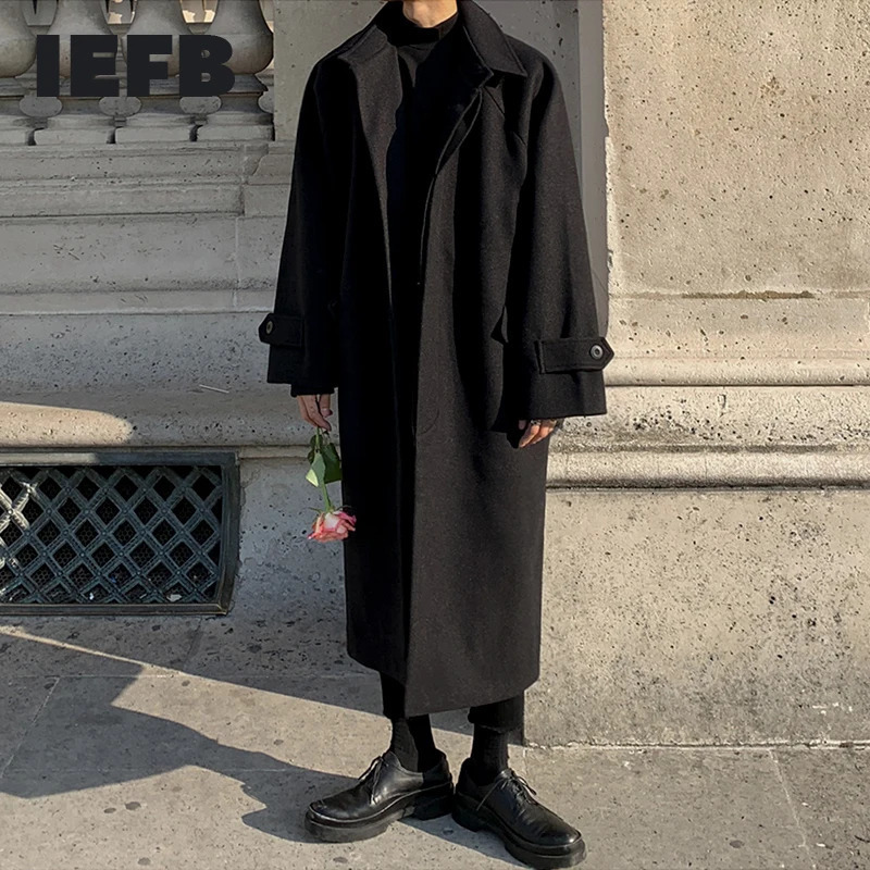 IEFB Mens Winter Wool Blended Coat Long Coat Korean Fashion Thick Loose Single Chest Coat 9Y8453 241112