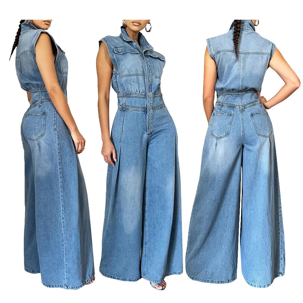 Womens one-piece denim jeans sleeveless high waist collar wide legs long pants summer 241112