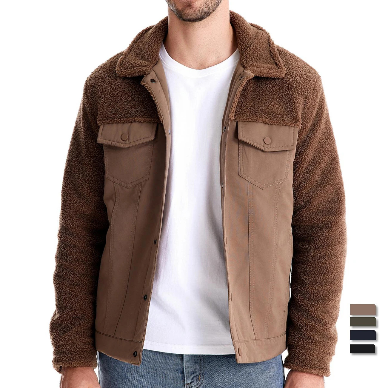 AIOPESON Mens Winter Warm Thick Sherpa Fleece Jacket Patchwork Fur Collar Fashion Casual Work Jackets for Men 241108
