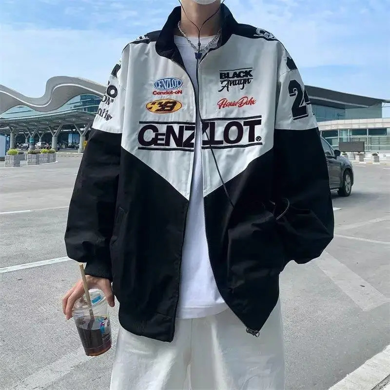 Vintage surdimensionné surdimensionné à la main de moto de course à la main pour hommes Hip-hop Couple de veste à vent Y2K Bomber Veste Mens 2411