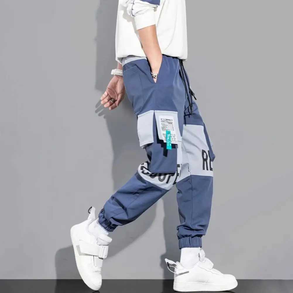 Couleur contrastée pantalon des hommes pantalon de cargaison avec pantalon de taille drstring laiple avec lettre imprimée la cheville panique pou