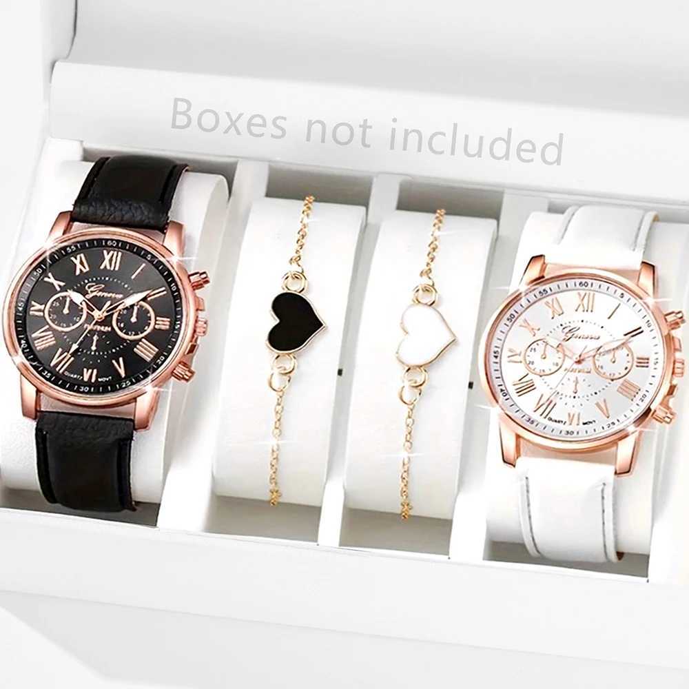 4pcs / set Black Femmes Watch à la mode Éléments du ciel étoilé Cadran Quartz Wristwatch en cuir STRAP WORK BIJOURS Set Gift for HerxJ241109