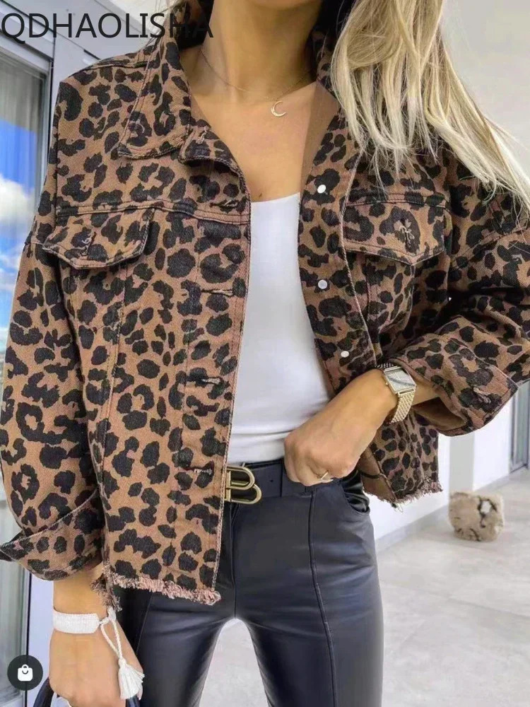 Womens denim jacket autumn loose casual commuting fashion cool jeans Coats Leopard Print bomber jacket 90s retro clothing 241112