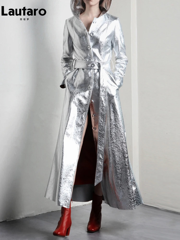 Lautaro printemps automne Long Cool argent brillant réfléchissant en cuir Pu Trench Coat pour les femmes avec capuche piste de mode 241113