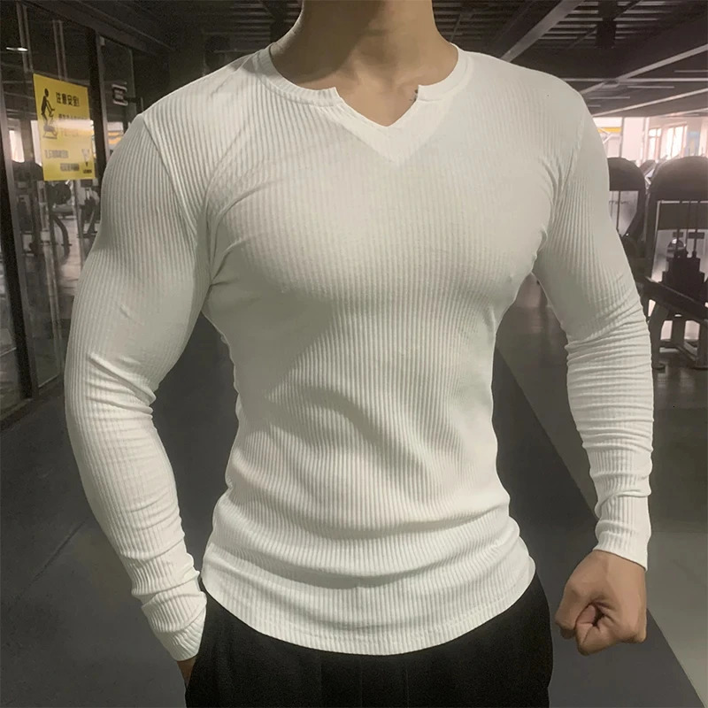 2024 Mens T-shirt sports long sleeved striped solid V-neck tight elastic running shirt. 241113