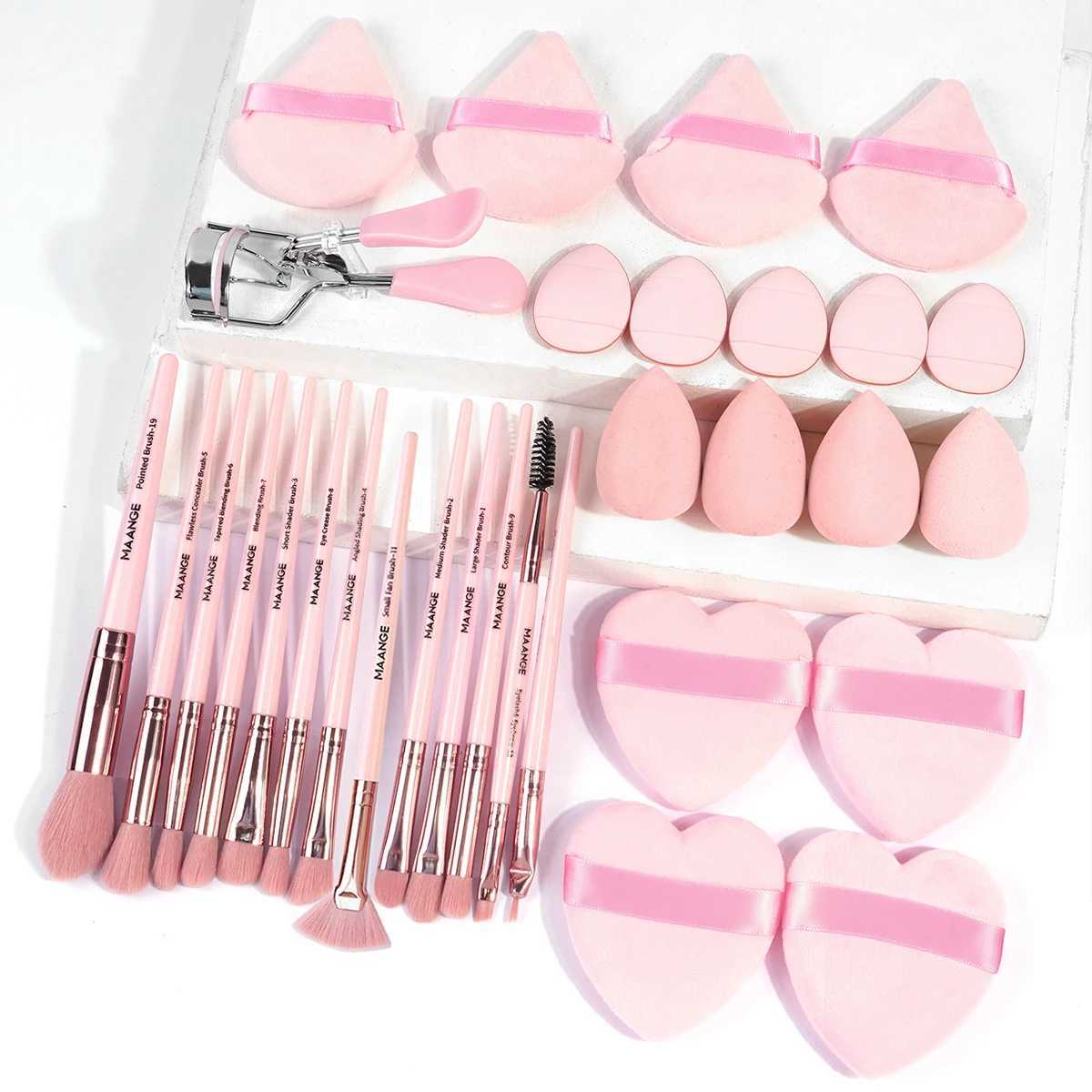 MAANGE 31 piece tool kit with 13 makeup brushes including 8 powder puffs and 4 droplet shaped beauty mixers as well as mini thumb puffs and eyela