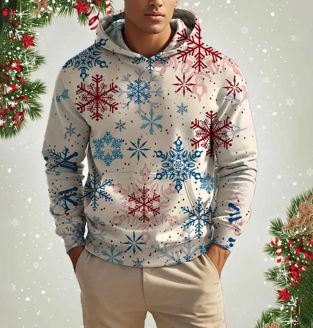 Hoodies de mode pour hommes Modèle de flocon de neige de Noël 3d Tops imprimés automne à manches longues à manches surdimensionnées surdimensionn