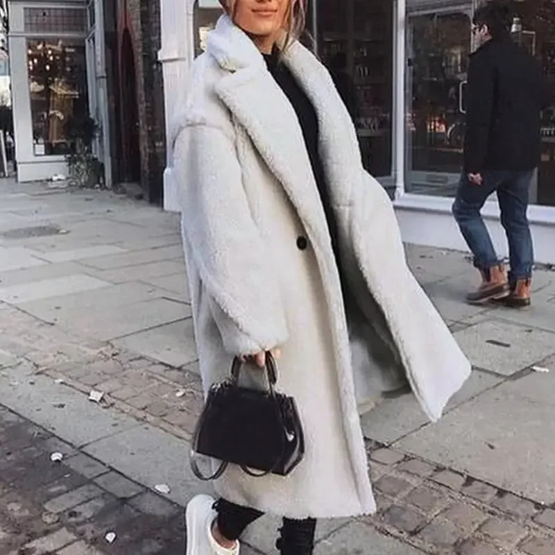 Mode long hiver womens manteau de fourrure femme chaude fourrure en peluche en peluche