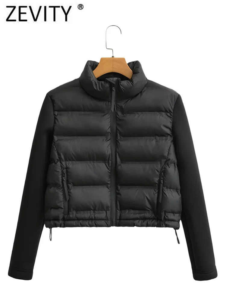 Zevity 2023 Femmes Vintage à manches longues Patchwork Coton Veste rembourrée Veste féminine Pockets extérieurs Chic Zipper Tops courts CT5817 24