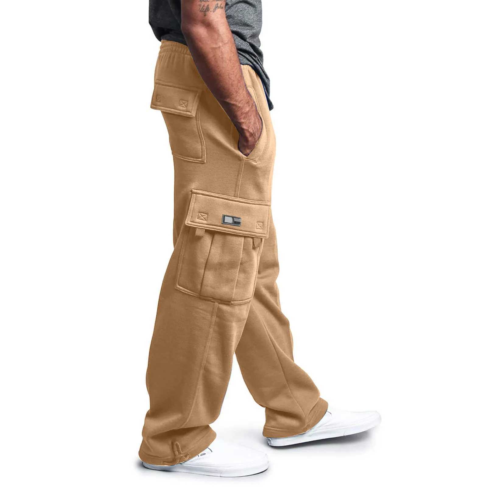 lti Pockets Floor Length Trousers For Men Sports Loose Hiking Elastic Waist Solid Color Trousers Padded Mens Cargo PantsXJ241112