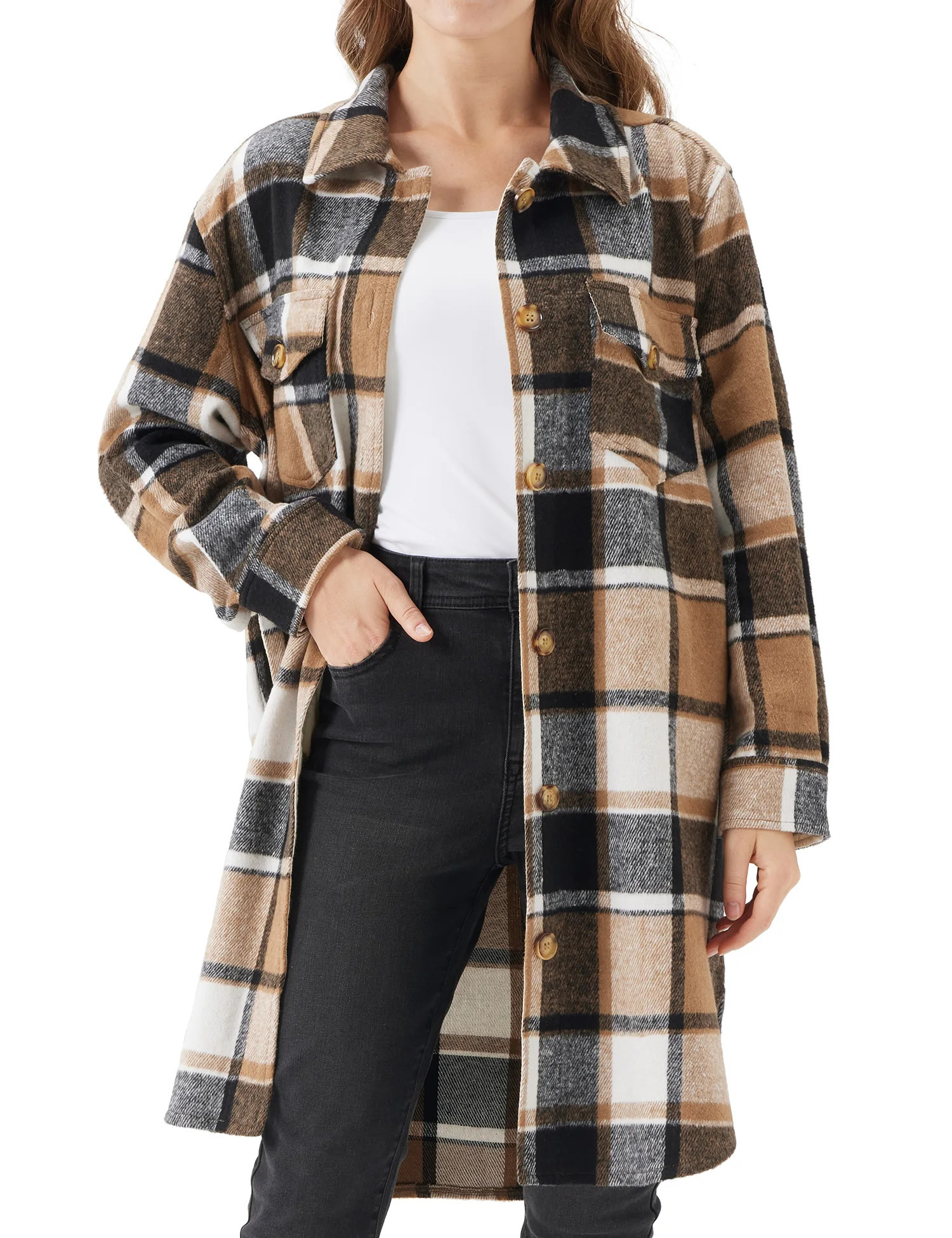 UR Womens Oversized Plaid Shacket Cozy Long Sleeve Button Down Jacket with Pockets Knee LengthPlus SizeCropped 241108