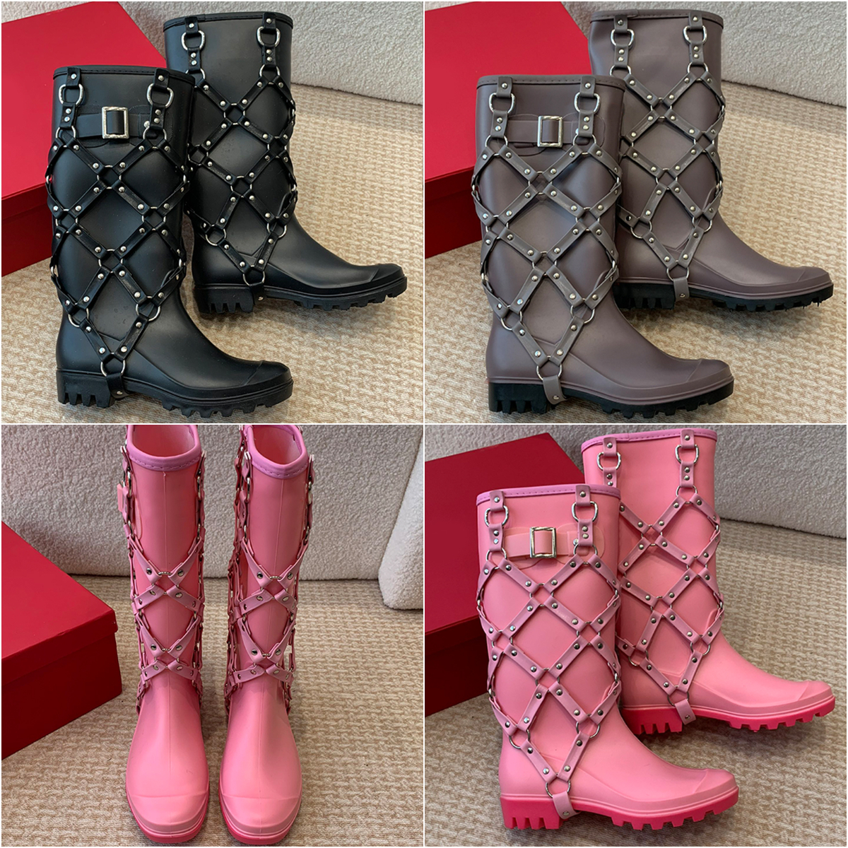 Hunters rainboots designer rain boots luxury hunters wellies pink brown black seamless boots knee high boots knee boots binding leather fashion w