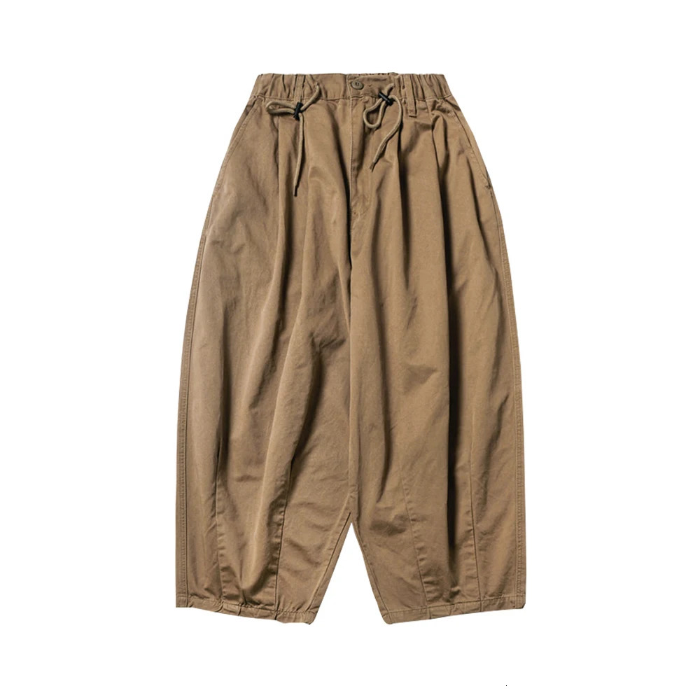 Solid color wide leg mens pleated elastic waist casual pants Amekaji loose Trouser mens 241112
