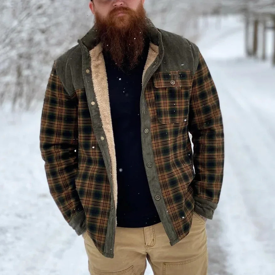 Winter Men Jacket Vintage Plaid Printing Mens Outerwear Clothing Warm Long Sleeve Male Coat Casual Snow Thickening 241113