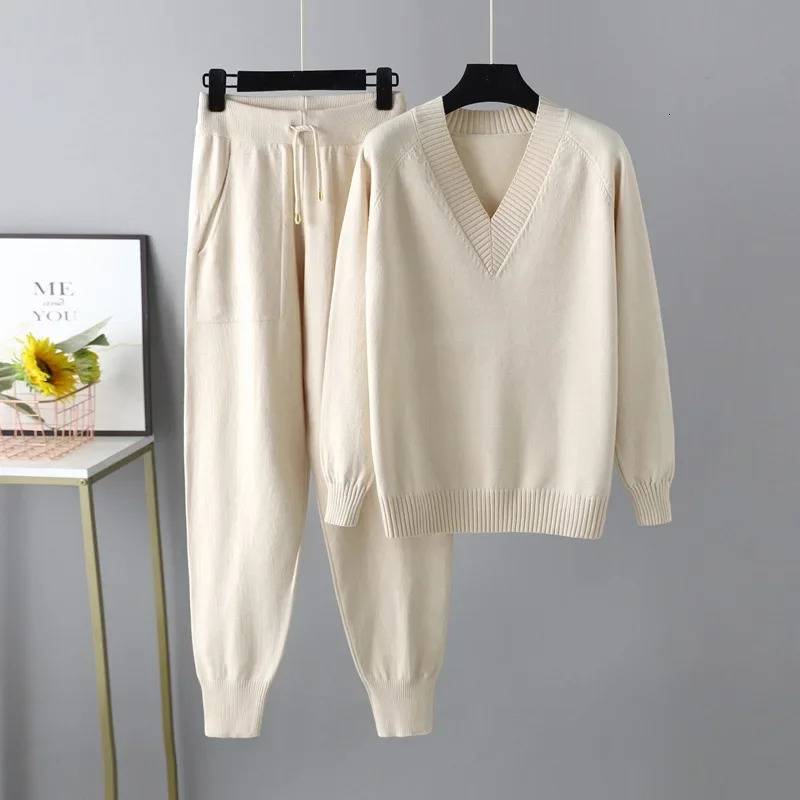 Autumn Winter Womens V Neck Sweater Two Piece Set Female Knitted Pants Suits Fashion Casual Pullover Tracksuits Outwear 241111